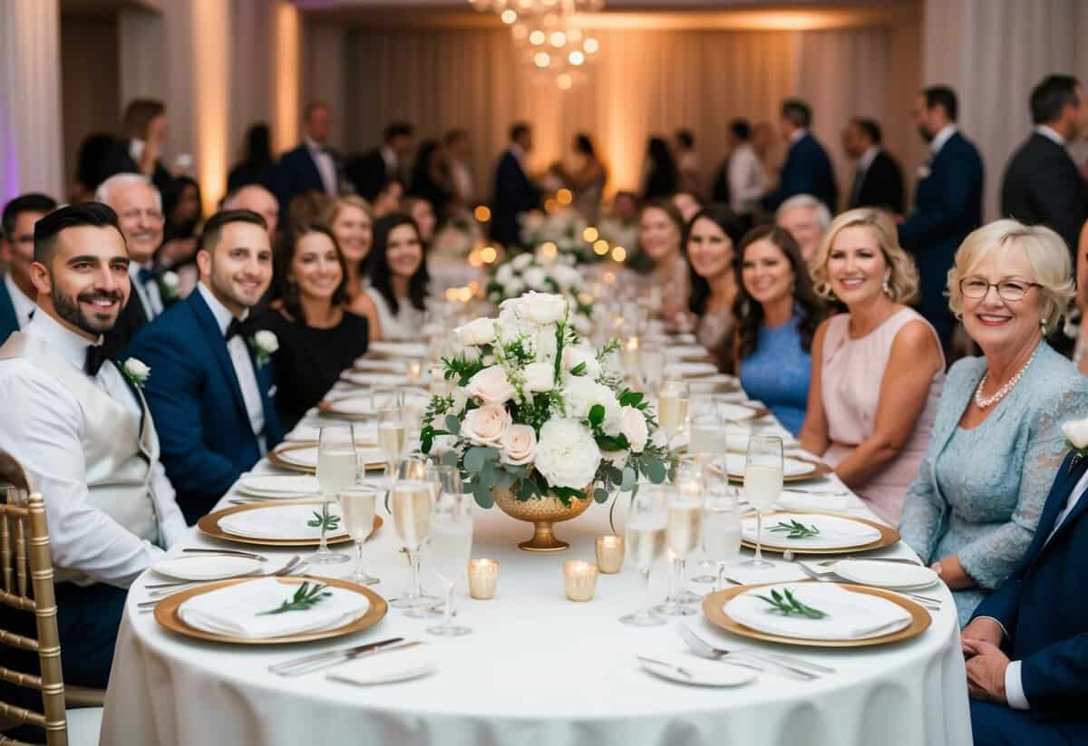 A table set with elegant place settings and floral centerpieces, surrounded by happy guests at a wedding reception