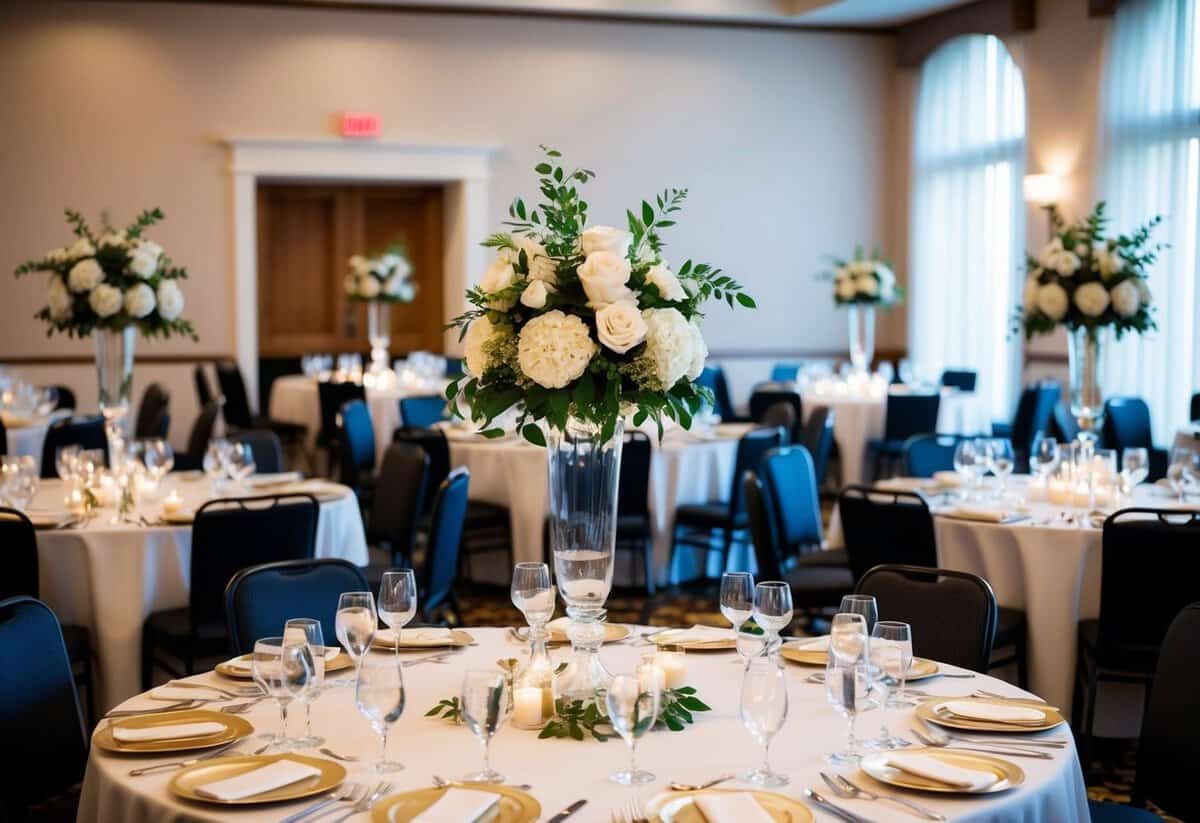 A wedding banquet hall with tables set for a reception, adorned with elegant centerpieces and place settings