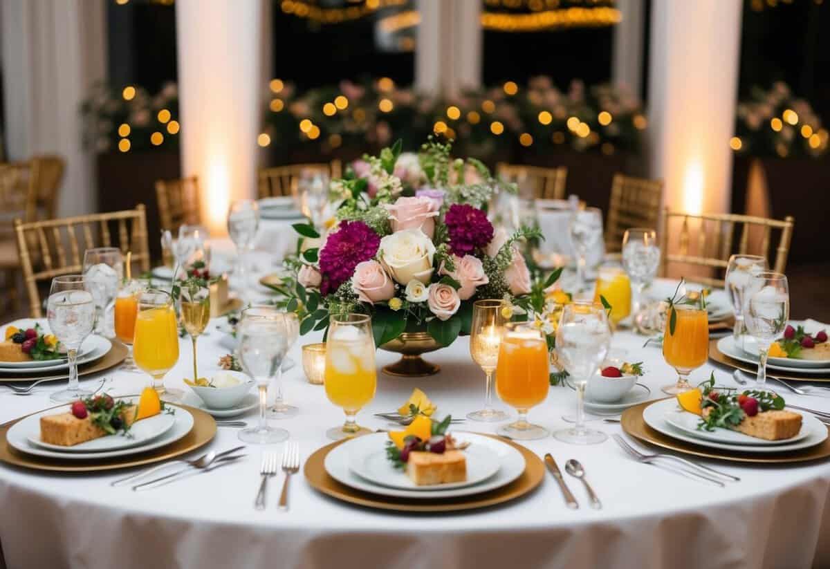 A table set with elegant place settings and a variety of food and drinks, surrounded by floral centerpieces and decorative lighting