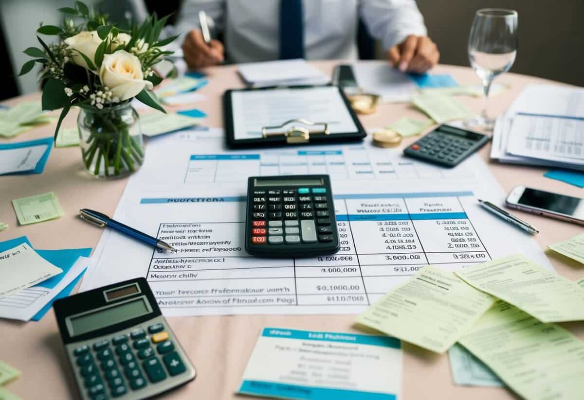 A table covered in wedding-related items, with a calculator and budget spreadsheet open, surrounded by scattered receipts and financial documents
