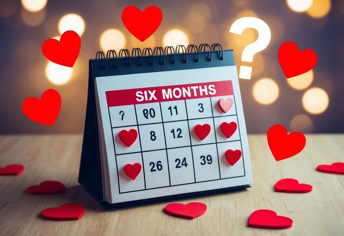 A calendar showing a date six months in the future circled in red, surrounded by hearts and question marks
