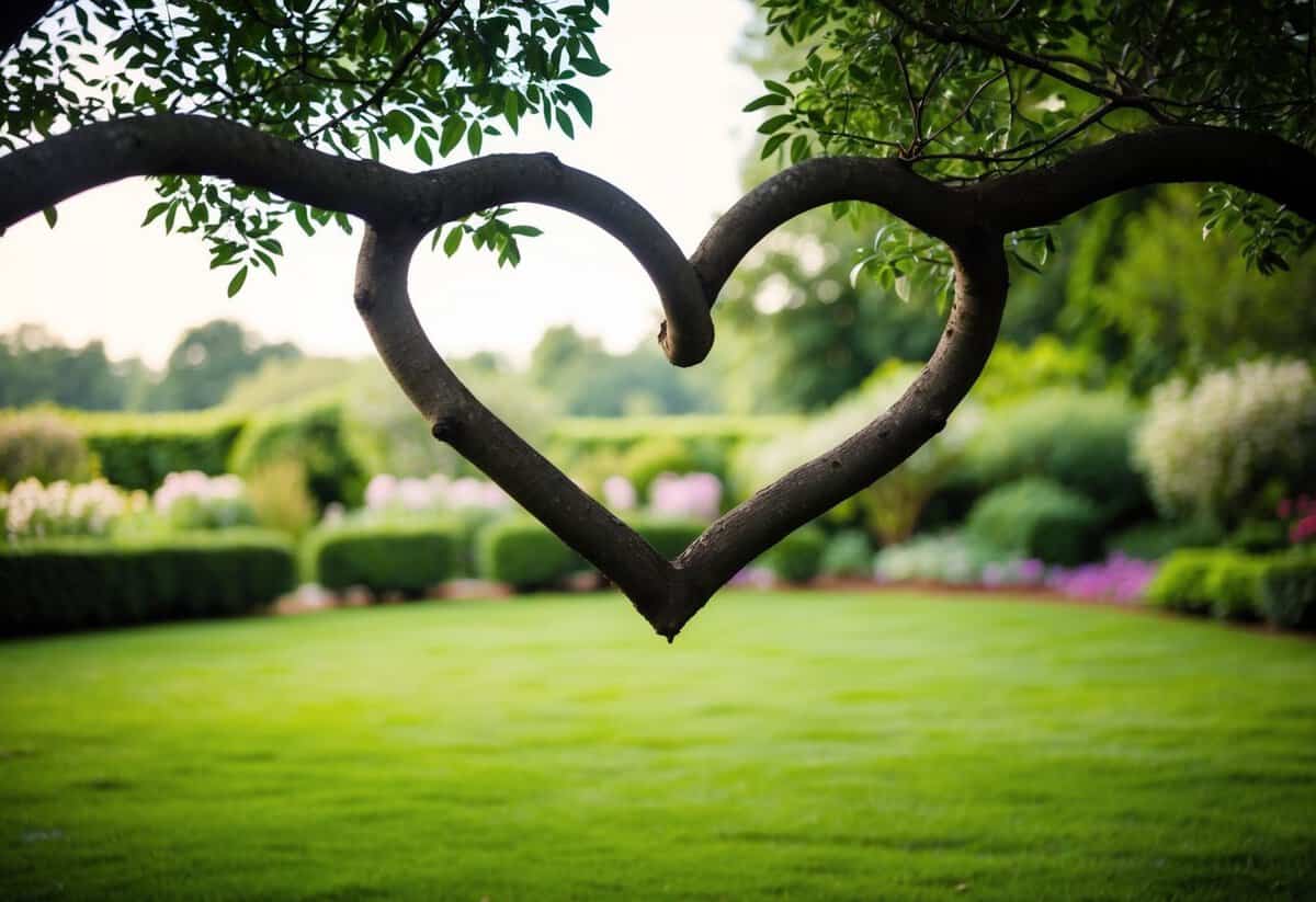 A serene garden with two intertwining trees, their branches forming a heart shape