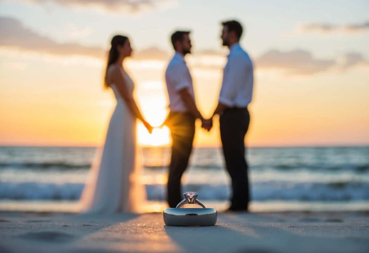 A couple standing side by side, facing a sunset on a beach, with a wedding ring in the foreground