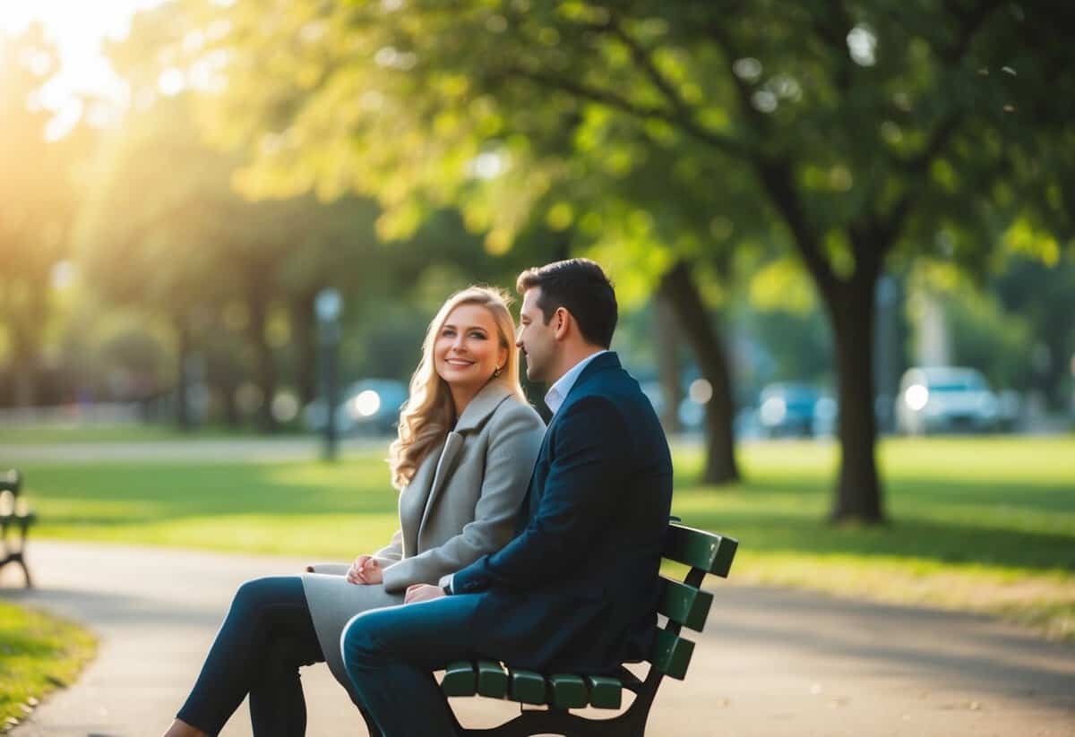 A couple sitting on a park bench, leaning in towards each other, engaged in deep conversation, with a warm and intimate atmosphere