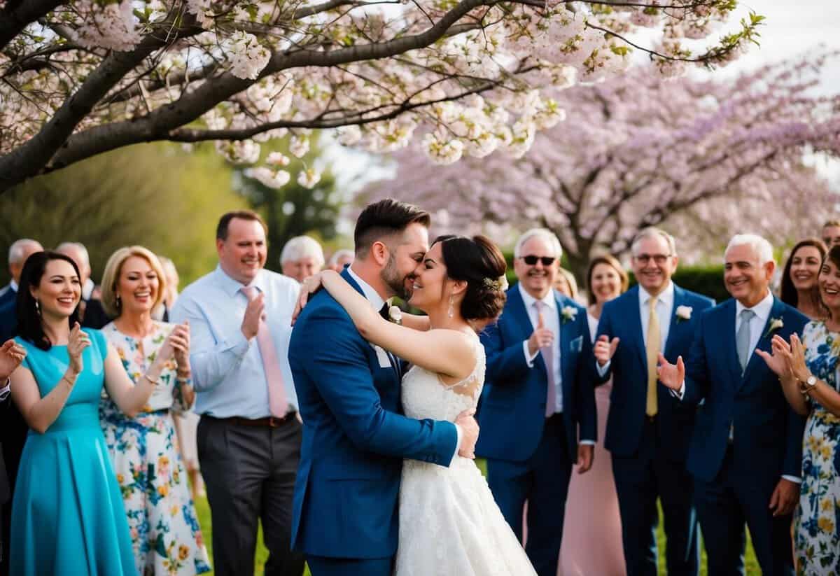 A couple embraces under a blooming tree, surrounded by friends and family at a joyful wedding celebration