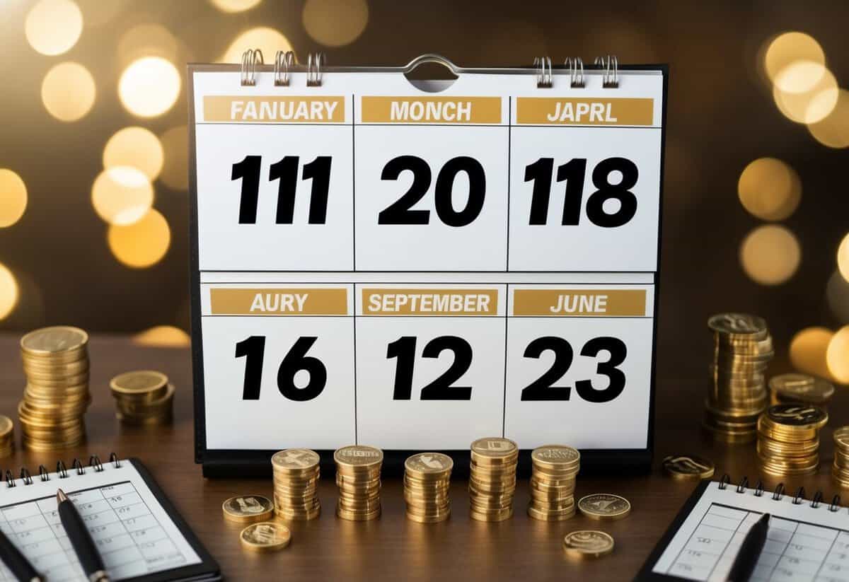 A calendar with six months marked in bold, surrounded by symbols of commitment and future planning