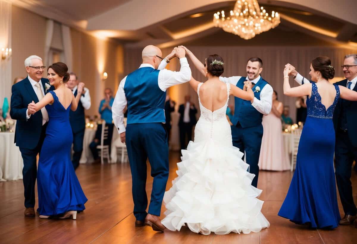 Couples dancing at a wedding, with parents leading the way followed by the newlyweds for their first dance