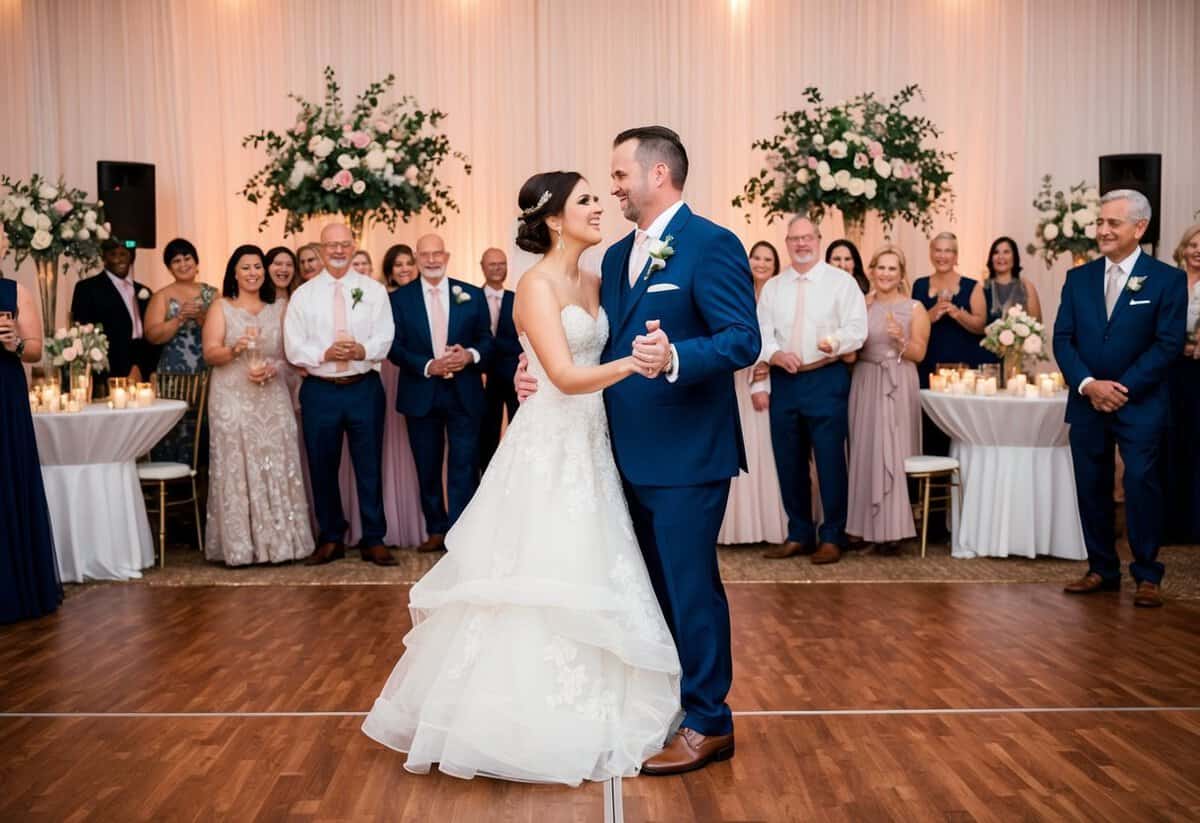 A newlywed couple stands in the center of a crowded dance floor, surrounded by tables adorned with flowers and candles. The DJ announces the start of the first dance, as the parents of the bride and groom eagerly wait their turn to share a special moment with their children