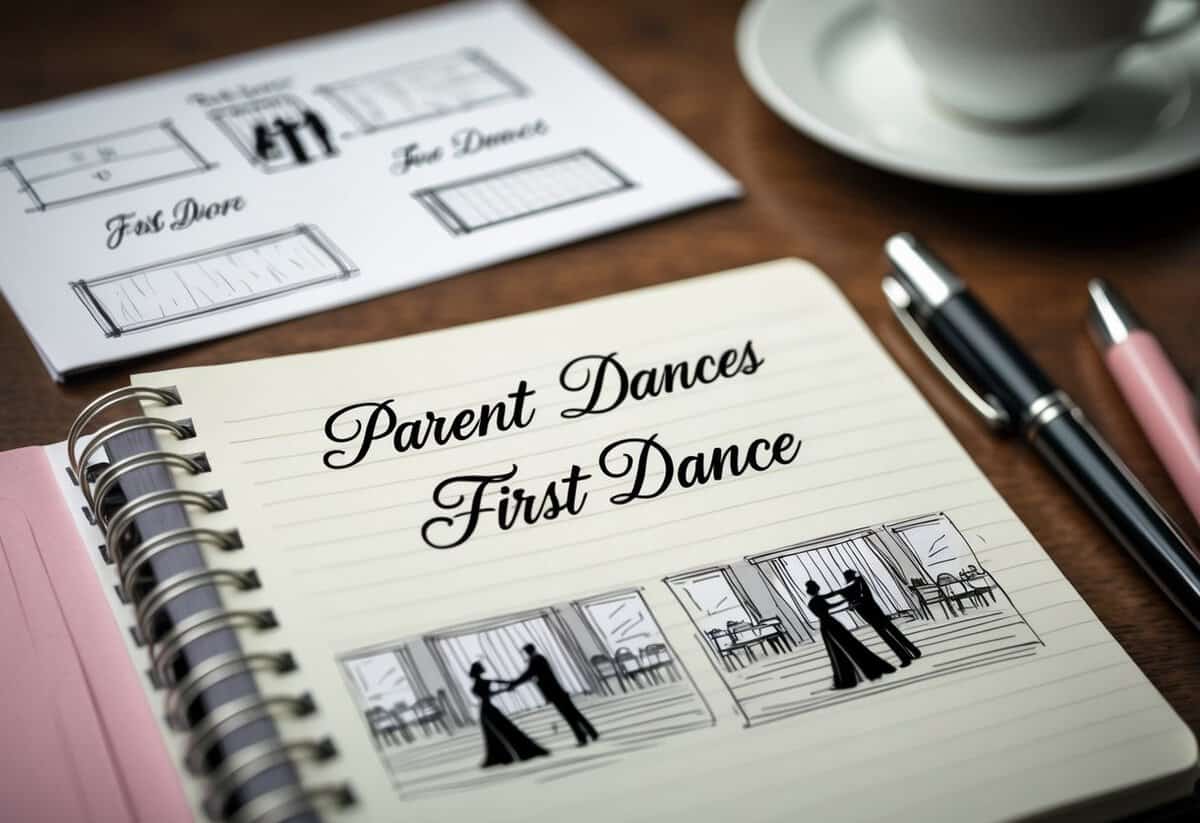 A wedding planner's notebook open to a page with "Parent Dances" and "First Dance" written in elegant script, surrounded by sketches of a dance floor and tables