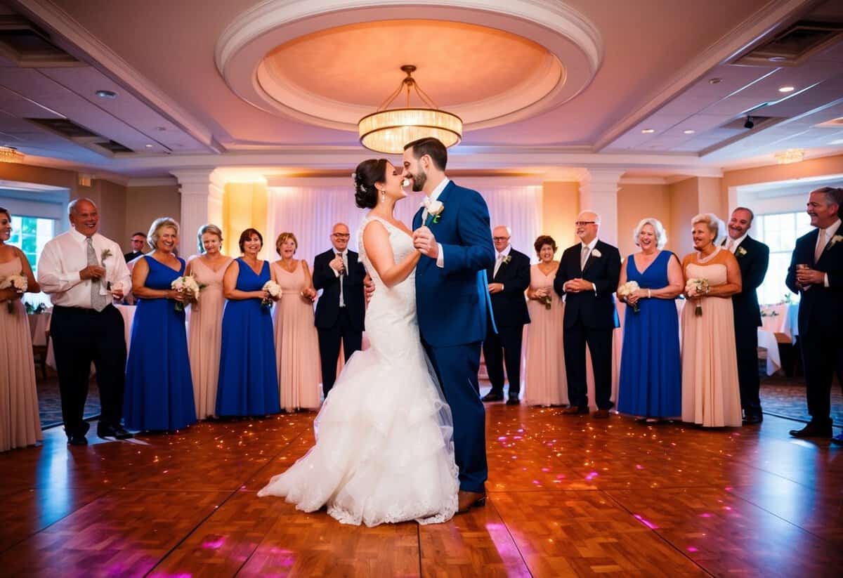 The bride and groom stand at the center of the dance floor, surrounded by their parents. The room is filled with warm light and the sound of music as they share a special moment together