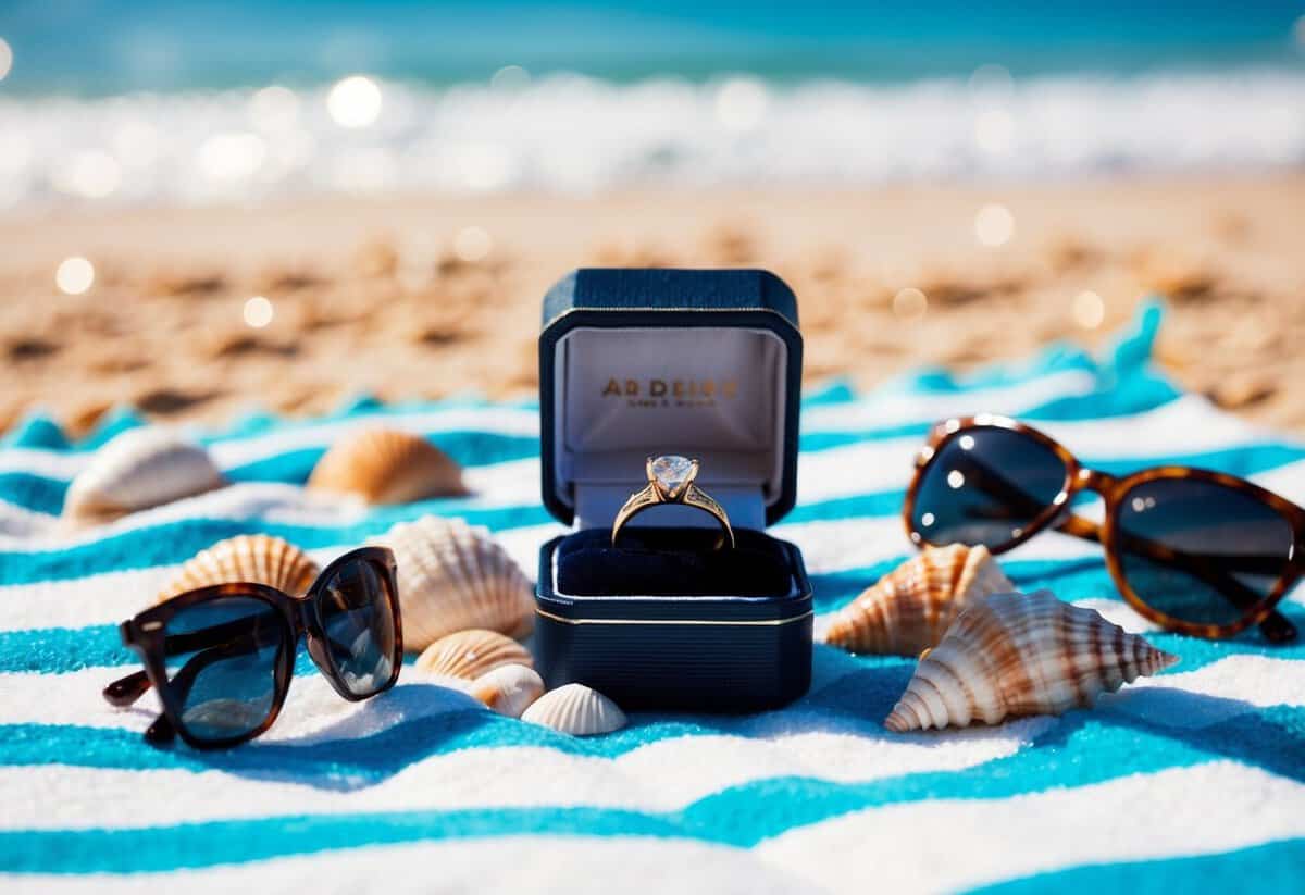 A ring box on a sunlit beach towel, surrounded by seashells and a pair of sunglasses