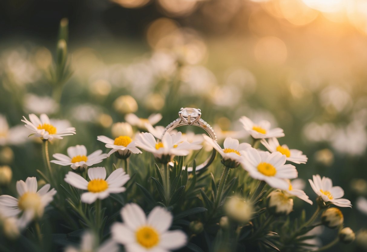 A ring nestled in a bed of delicate flowers, bathed in soft, warm light
