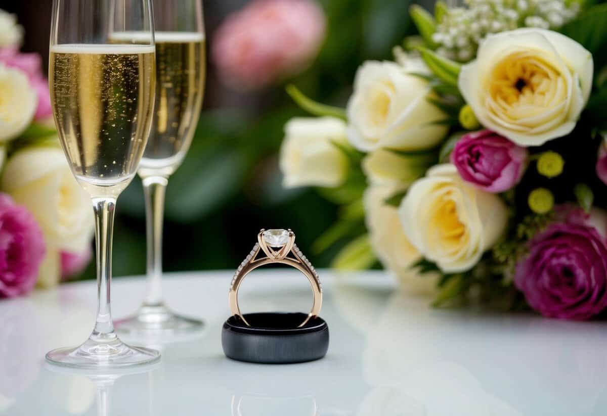 A ring placed on a table, surrounded by two glasses of champagne and a bouquet of flowers