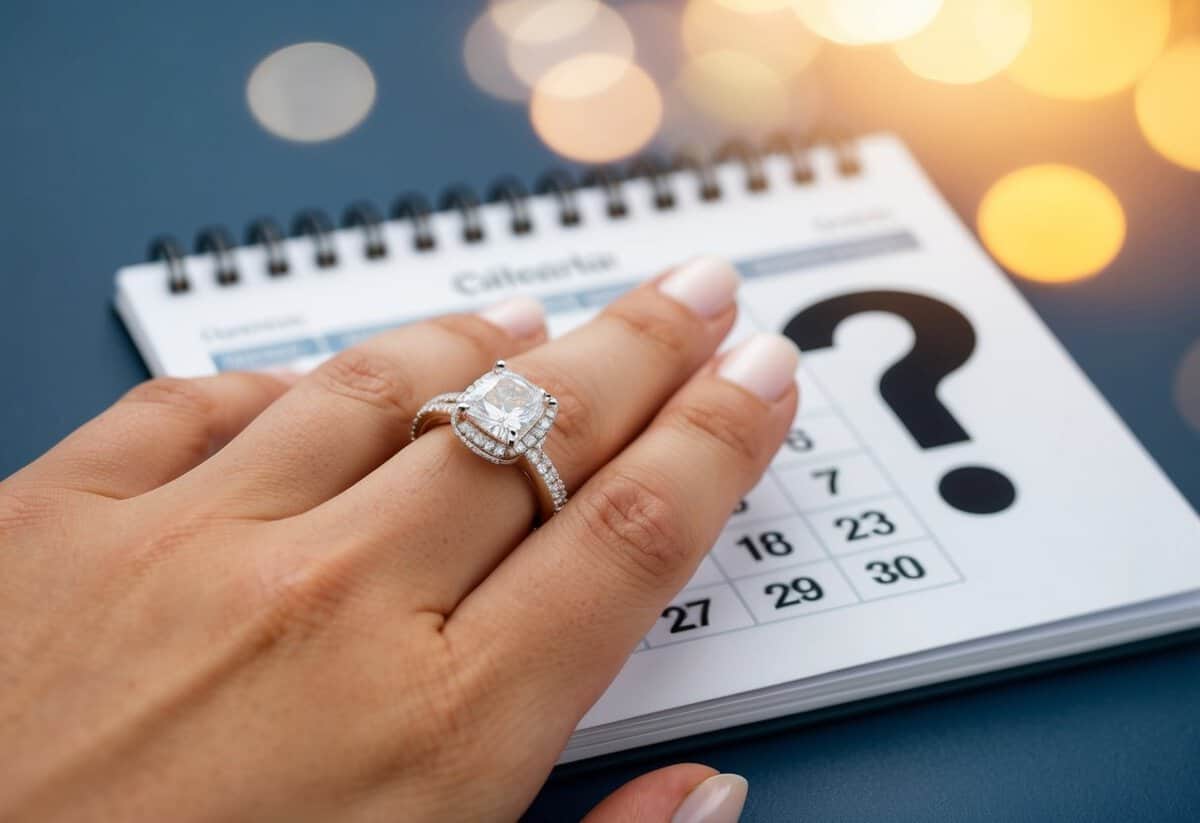 A ring placed on a finger, surrounded by a calendar and a question mark