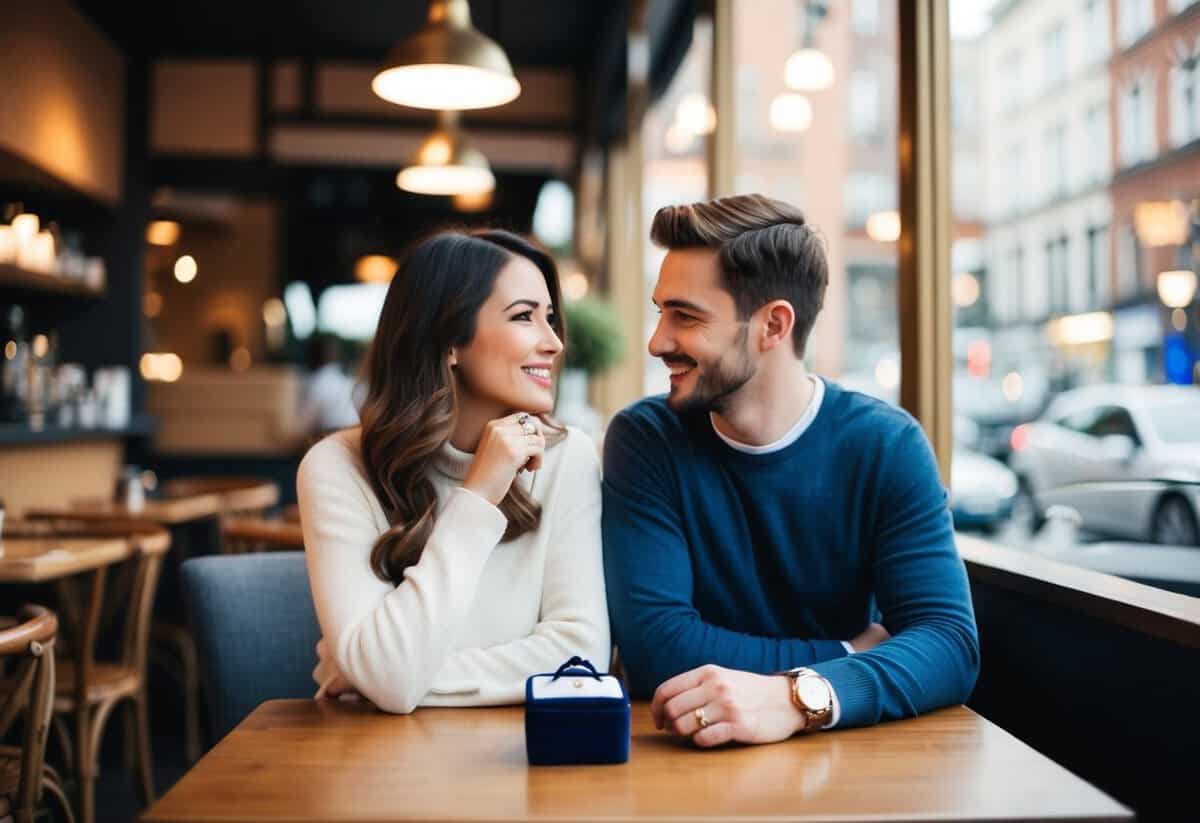 A couple sitting at a cozy cafe table, with a ring box on the table and a thoughtful expression on their faces