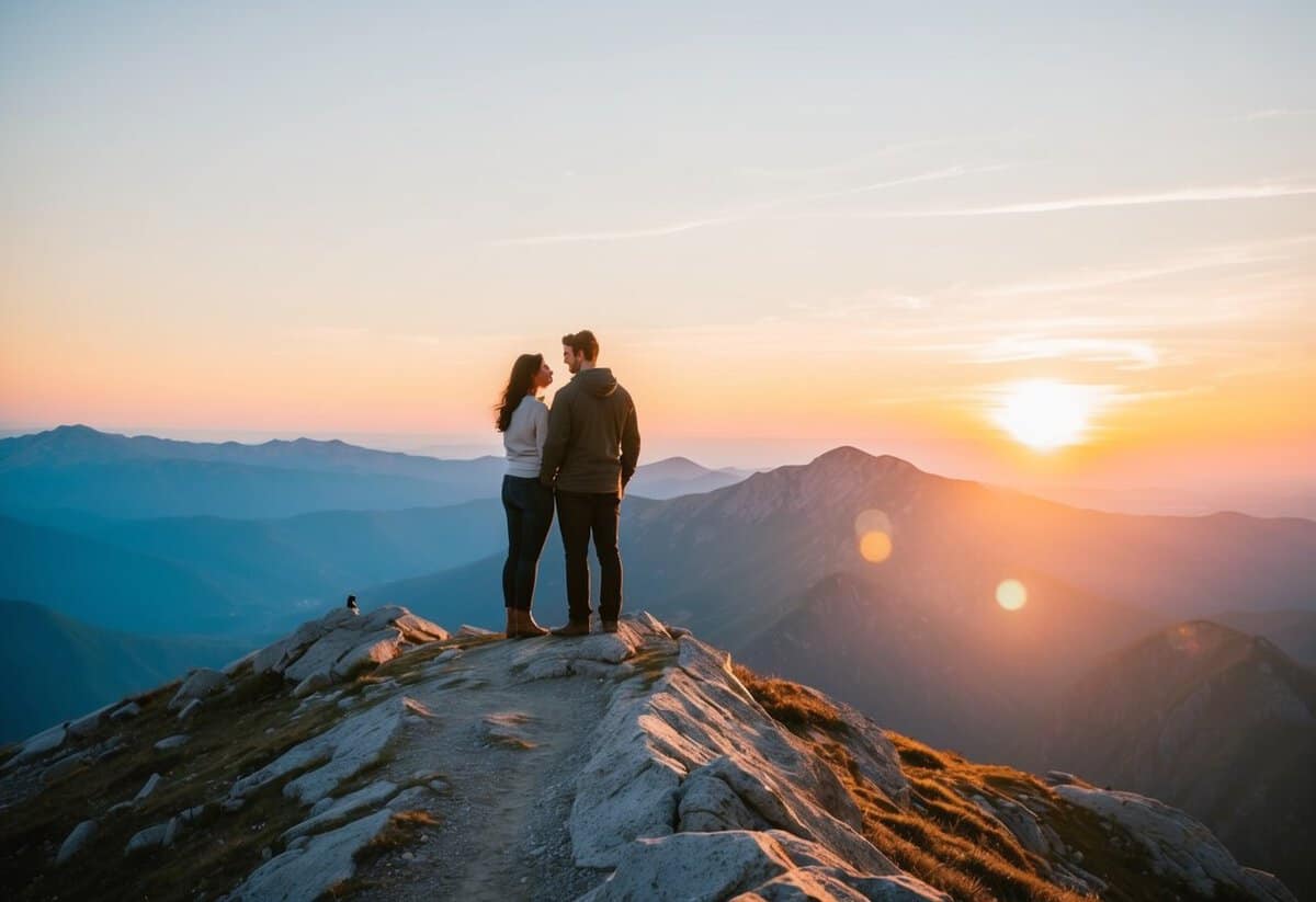 A couple standing on a mountain peak, looking out at a sunset over a serene landscape, symbolizing the decision to get engaged at 24