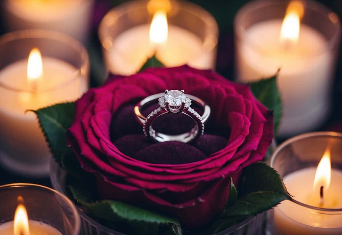 A ring nestled in a bed of roses, surrounded by flickering candlelight
