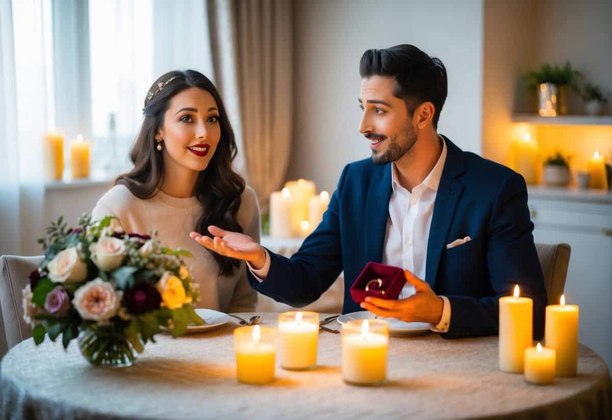 A couple sitting at a cozy table, surrounded by soft candlelight and a bouquet of flowers. The woman looks surprised, while the man holds out a small velvet box