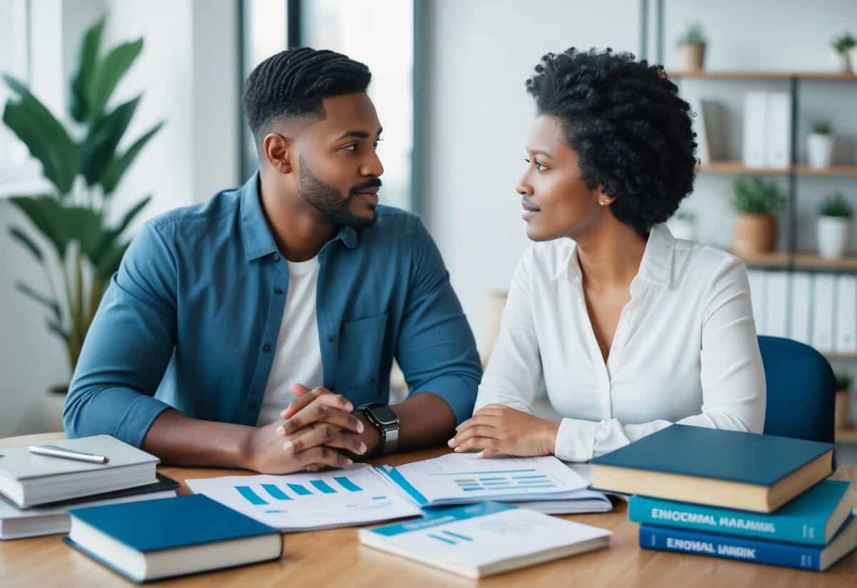 A couple sitting at a table, surrounded by financial planning materials and emotional support books. They are engaged in deep conversation, with one partner appearing hesitant and the other offering reassurance
