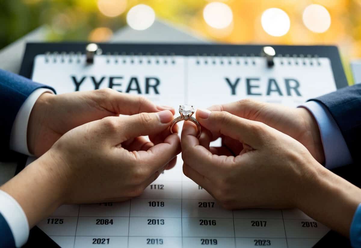 A couple's hands holding a sparkling engagement ring, surrounded by a calendar showing two years marked off