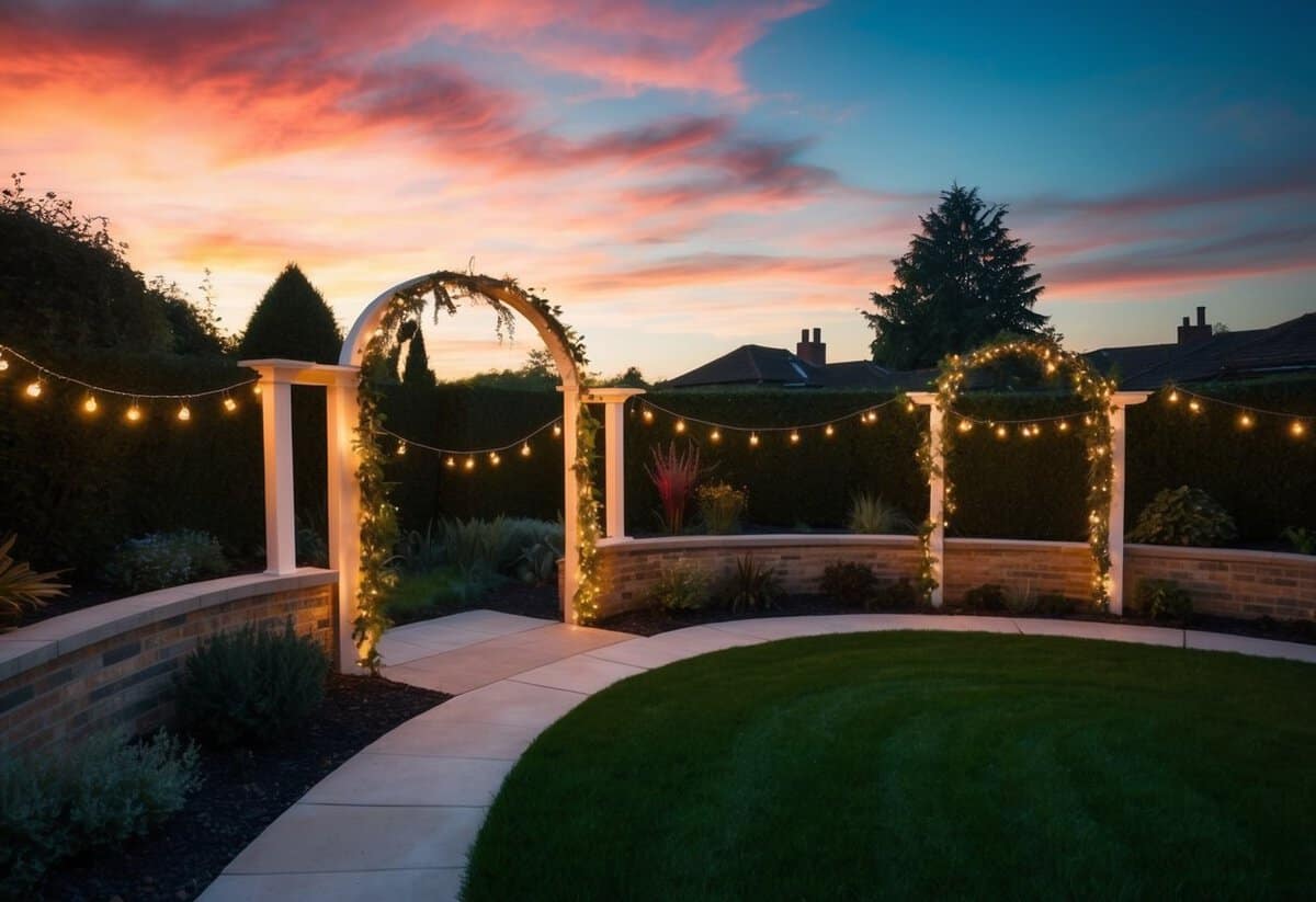 A sunset-lit garden with twinkling fairy lights and a decorated archway