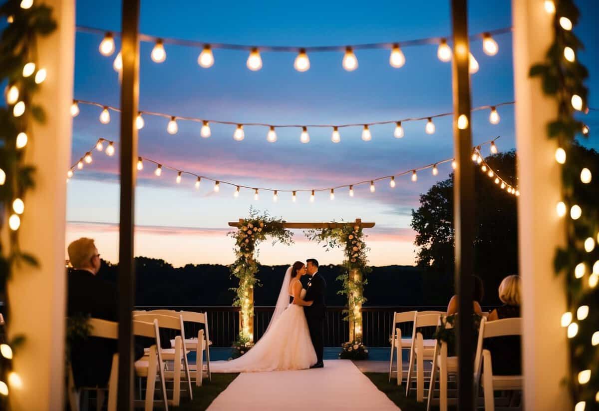 An evening wedding scene with a glowing sunset, twinkling string lights, and elegant decorations