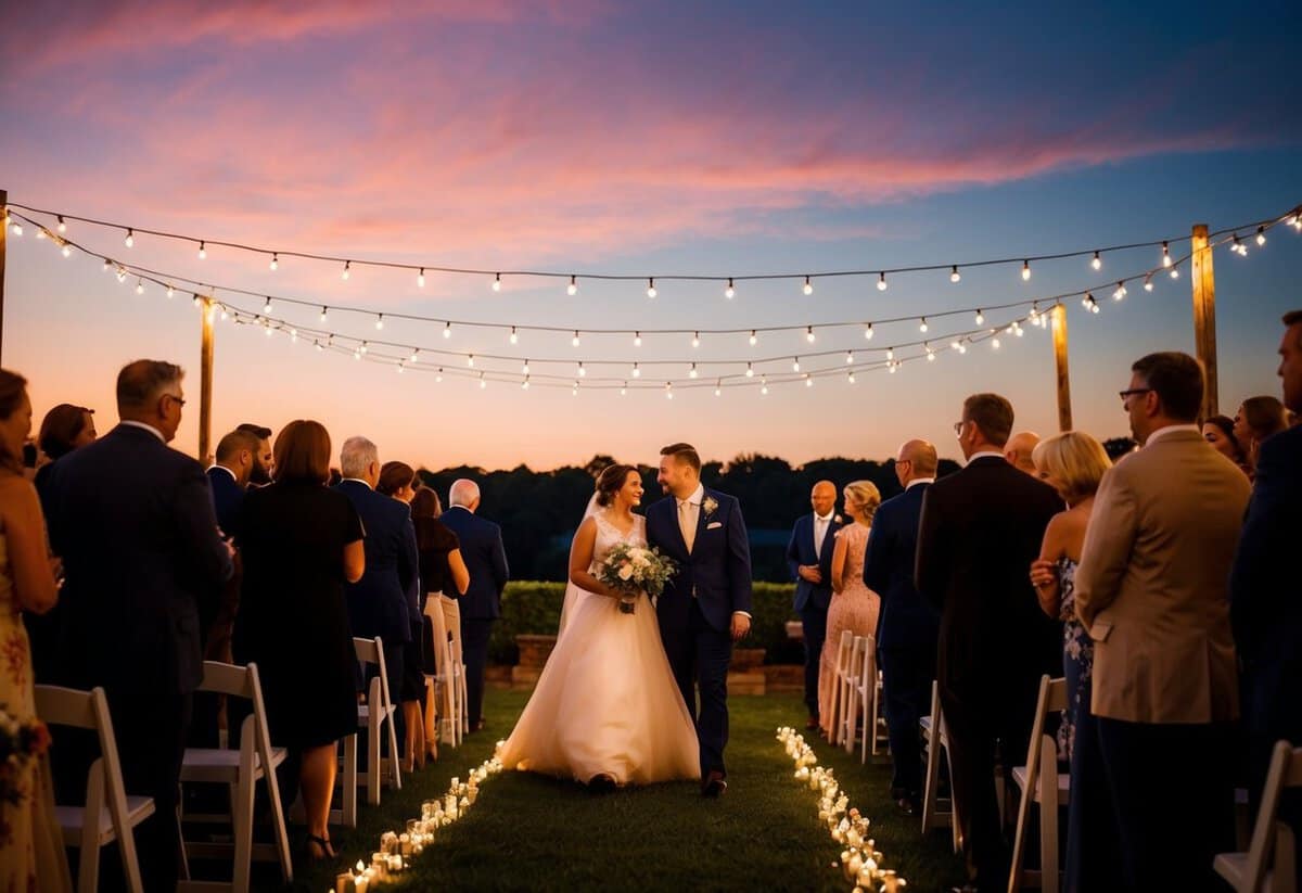 An evening wedding begins with a sunset backdrop, glowing string lights, and guests arriving dressed in formal attire