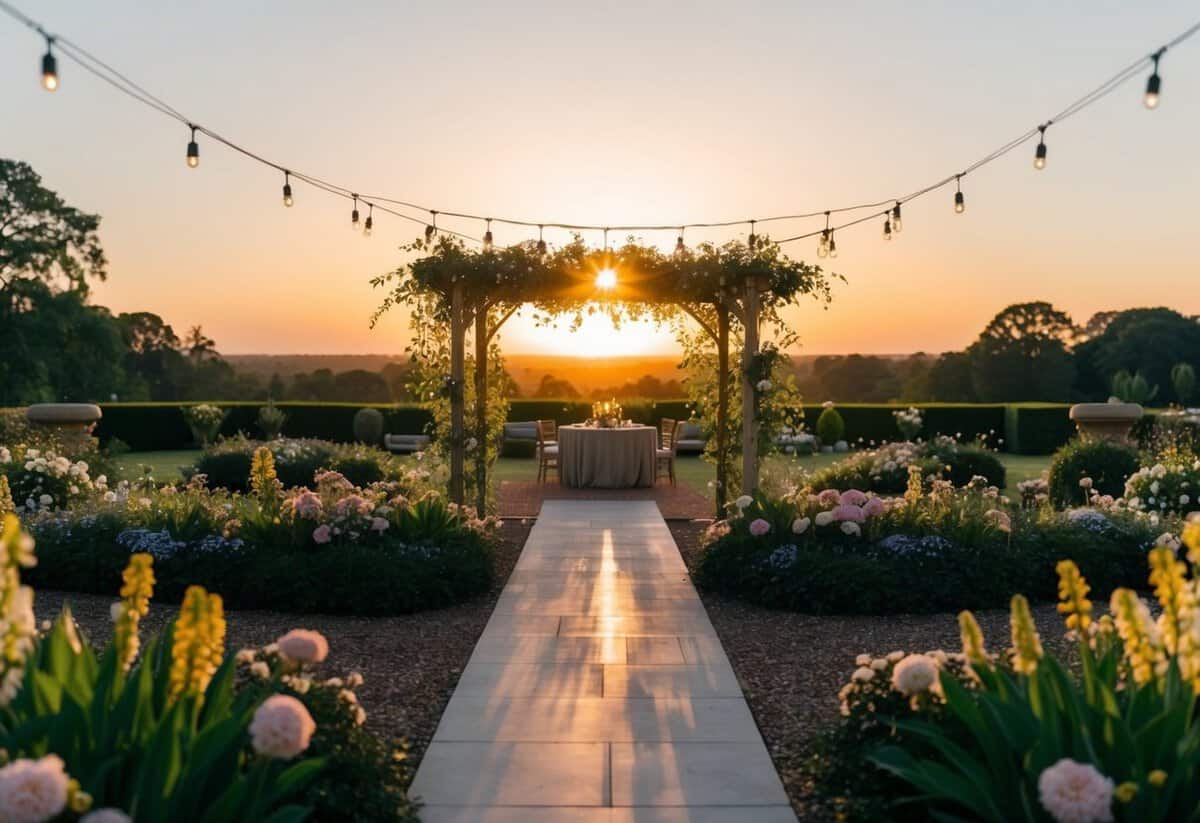 A sun setting over a tranquil garden, adorned with twinkling lights and blooming flowers, sets the stage for an evening wedding