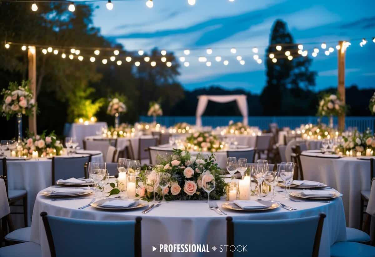 An elegant outdoor wedding venue at dusk, with twinkling lights and floral arrangements being arranged on tables