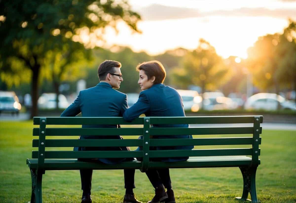 Two figures sitting on a park bench, one looking nervously at the other. The setting sun casts a warm glow over the scene