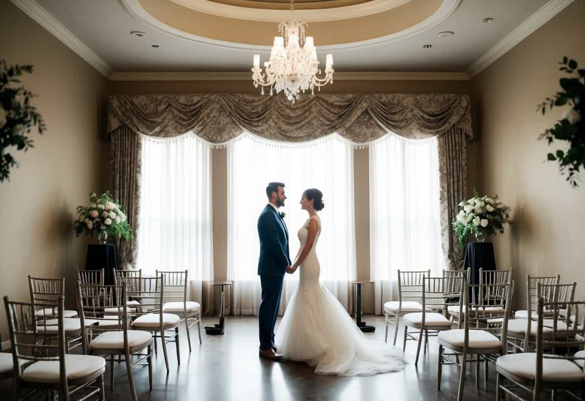 A bride and groom stand alone in a beautifully decorated venue, with empty tables and chairs, as they exchange vows in an intimate ceremony