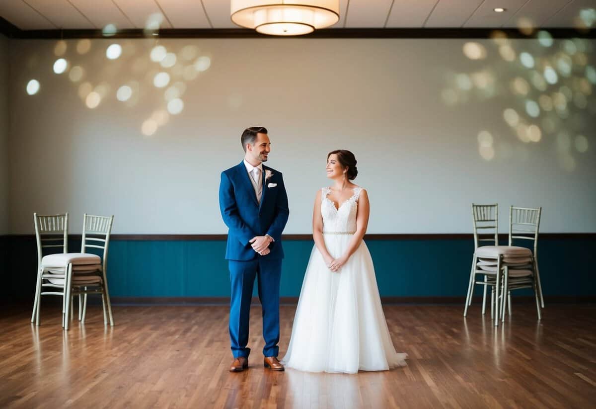 A bride and groom stand in an empty reception hall, looking at each other with uncertainty. Tables and chairs are stacked in a corner