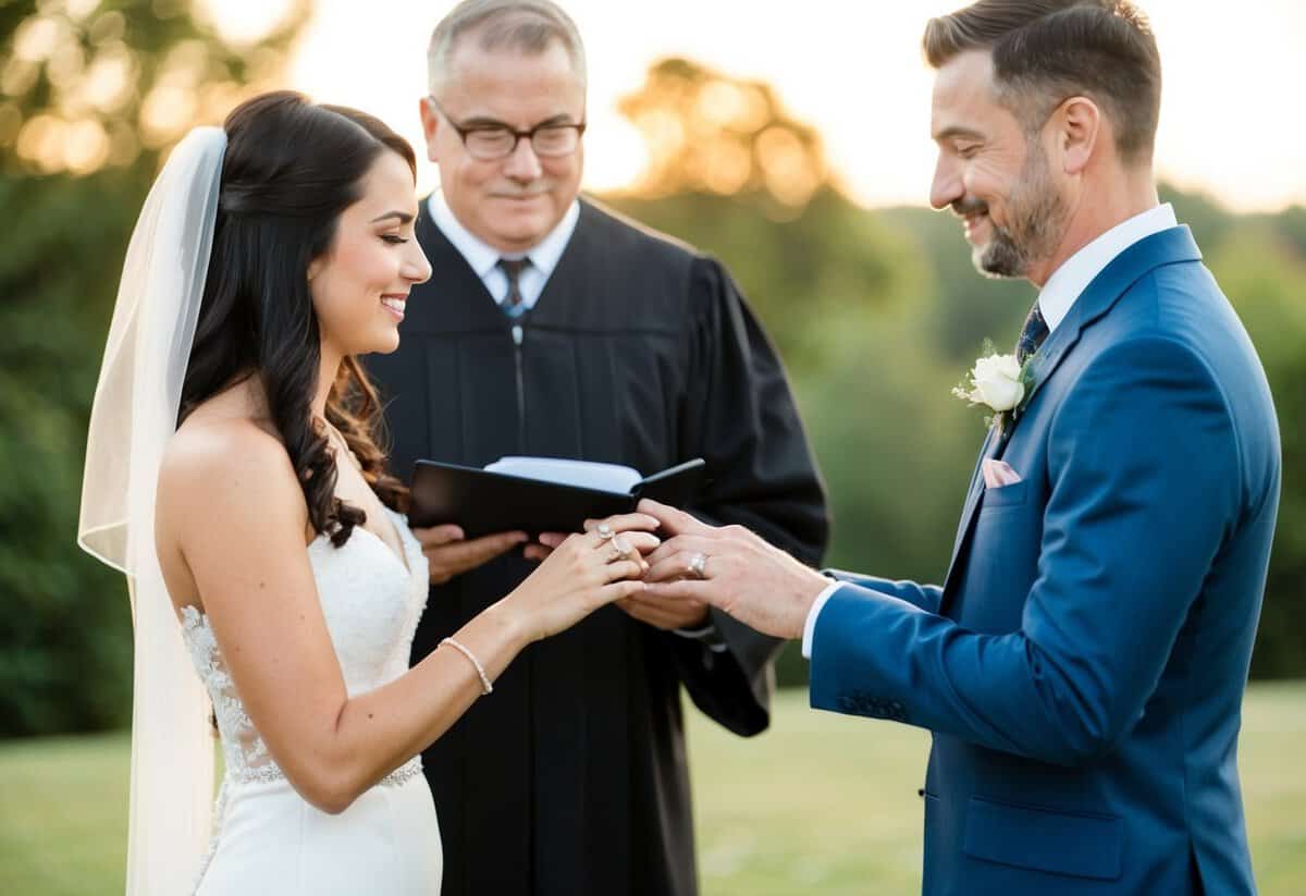 A couple standing before an officiant, exchanging rings without speaking
