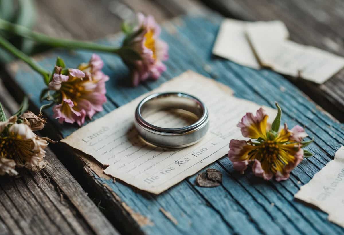 A ring abandoned on a weathered wooden surface, surrounded by wilted flowers and torn love letters