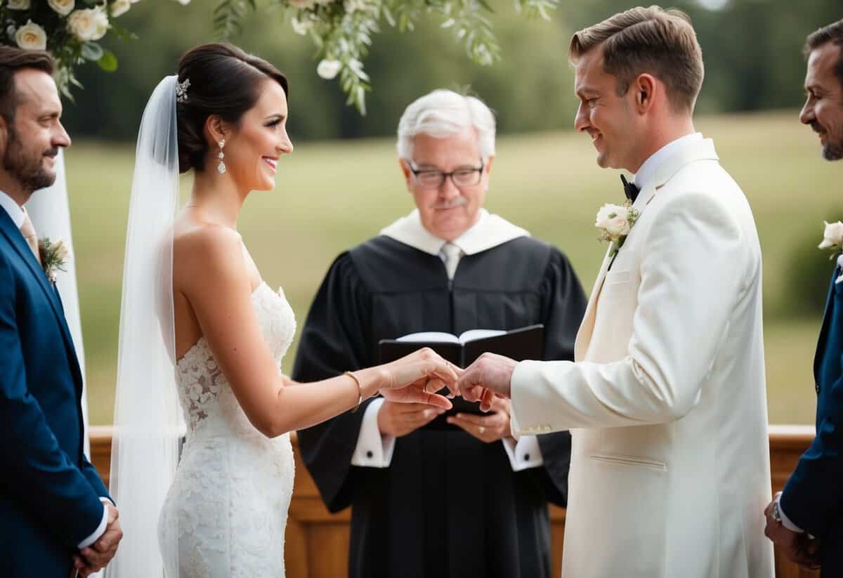 A bride and groom stand before an officiant in a traditional wedding ceremony, exchanging rings and making vows