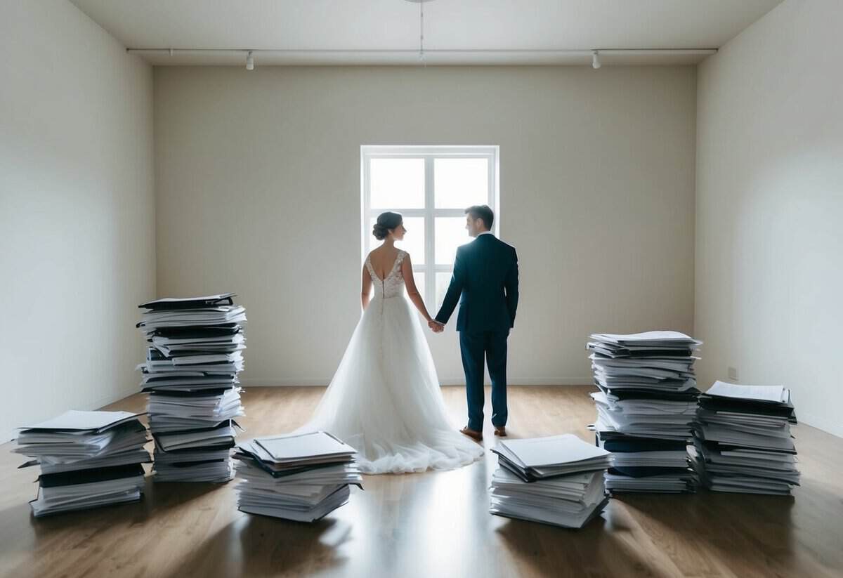 A bride and groom stand alone in a simple, empty room, surrounded by stacks of budget spreadsheets and logistical plans