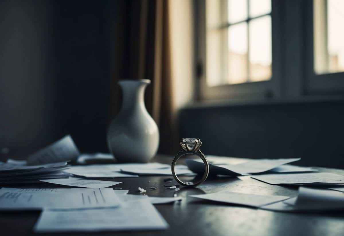 A ring lies abandoned on a table, surrounded by scattered papers and a broken vase. The room is dimly lit, casting shadows on the solitary object