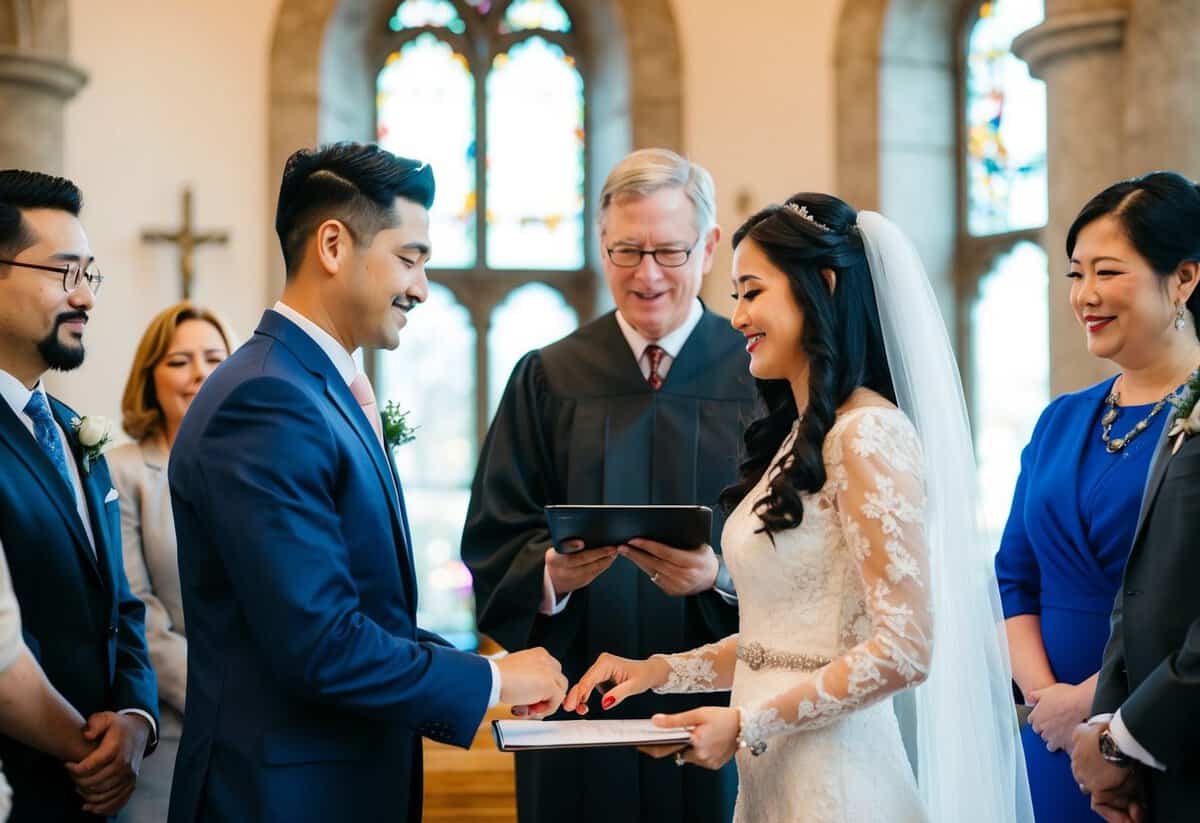 A couple standing before an officiant with witnesses, exchanging rings and signing documents