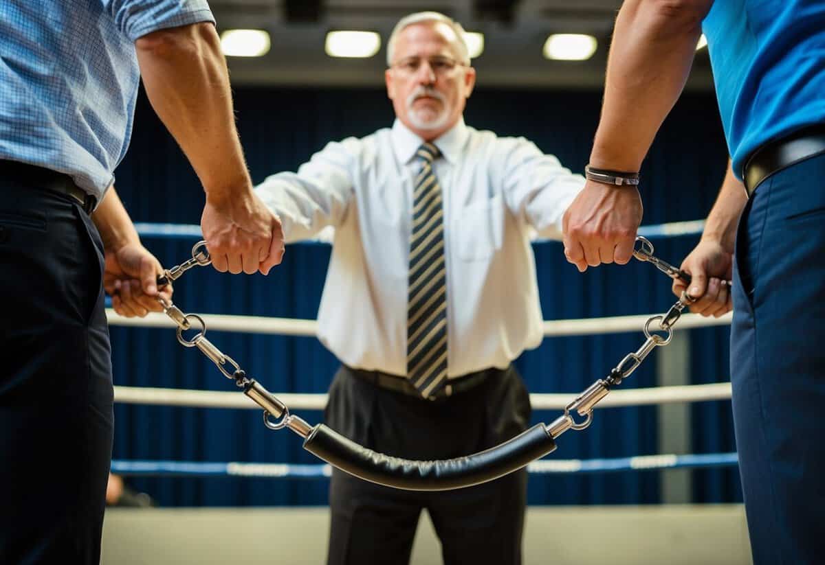 Two people pulling on opposite ends of a ring, with a judge or mediator in the middle