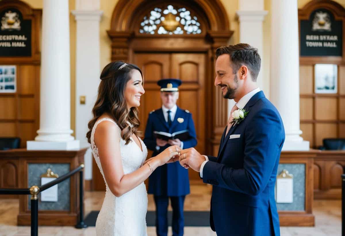 A couple standing in front of a registrar at a town hall, exchanging rings