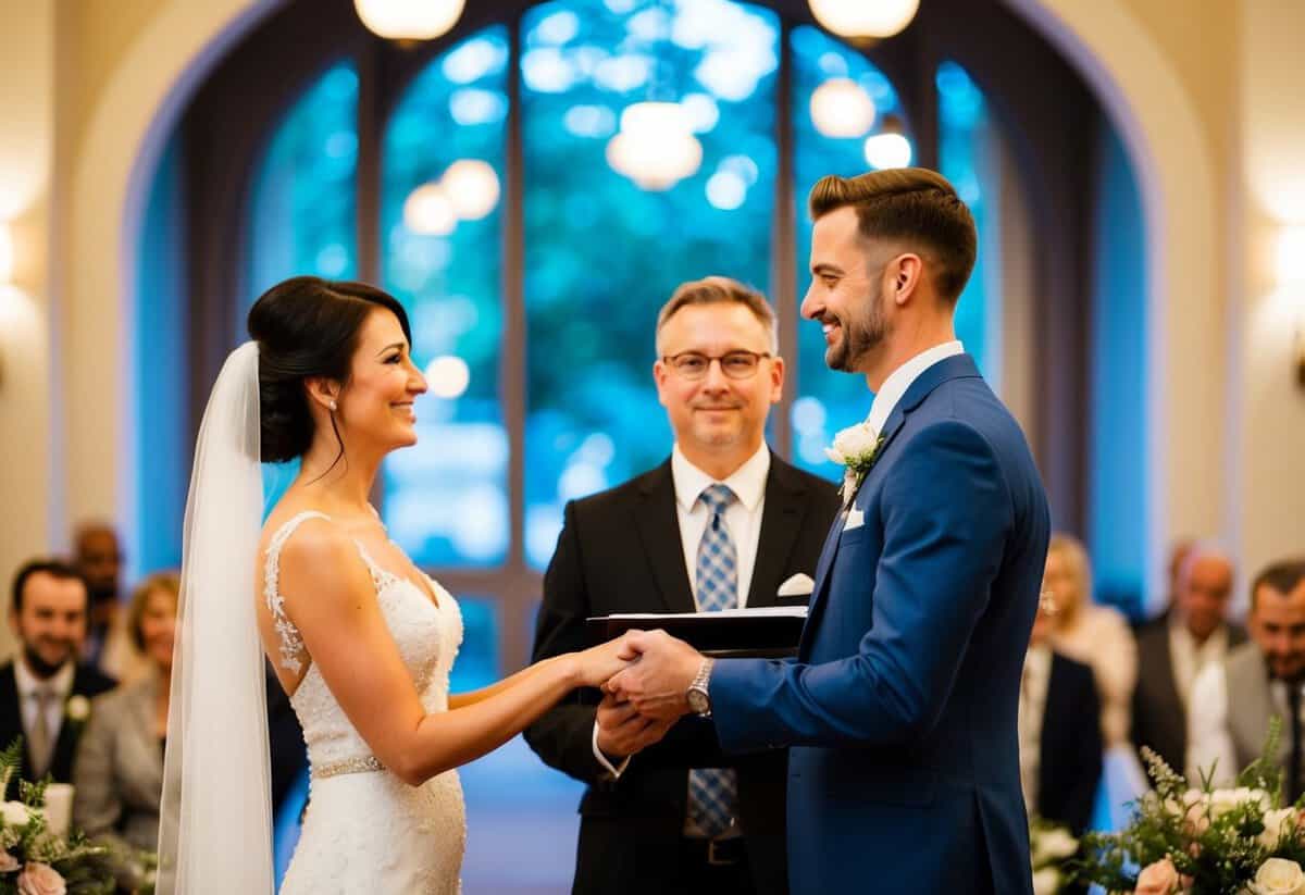 A couple standing in front of a registrar, exchanging meaningful glances and holding hands, with a beautiful wedding venue in the background