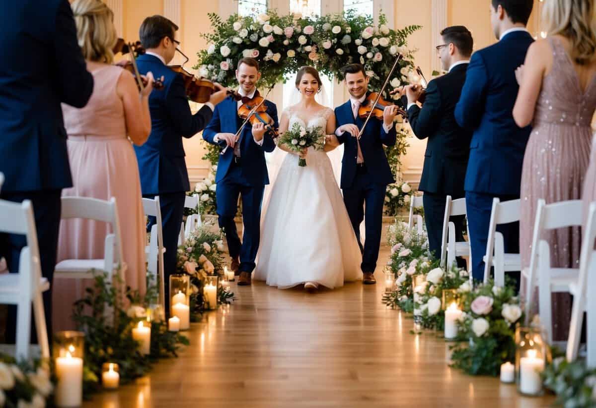 A bride walks down the aisle, surrounded by flowers and candles, while a string quartet plays a romantic melody