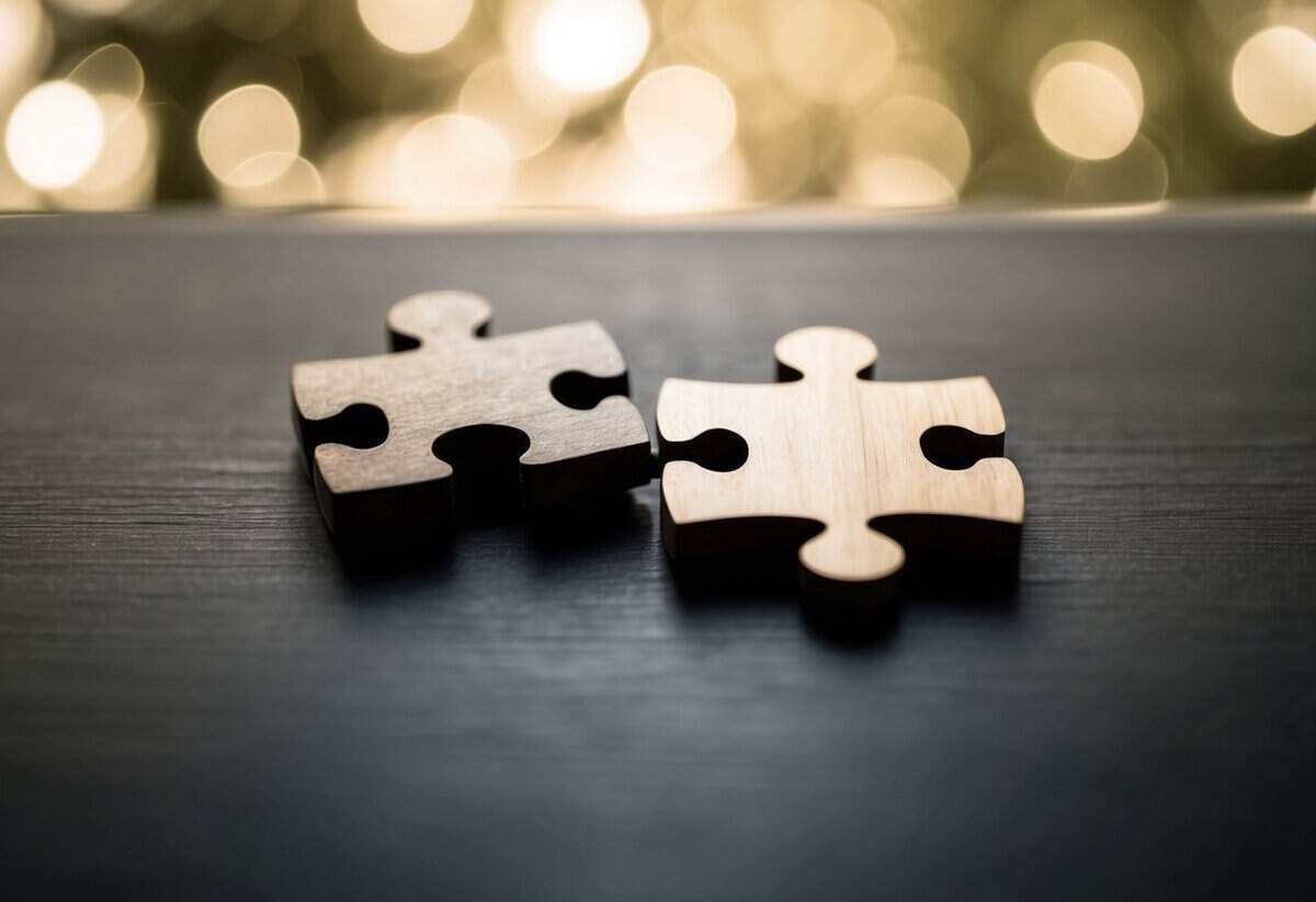 A pair of interlocking puzzle pieces, one slightly worn, symbolizing the enduring connection of marriages