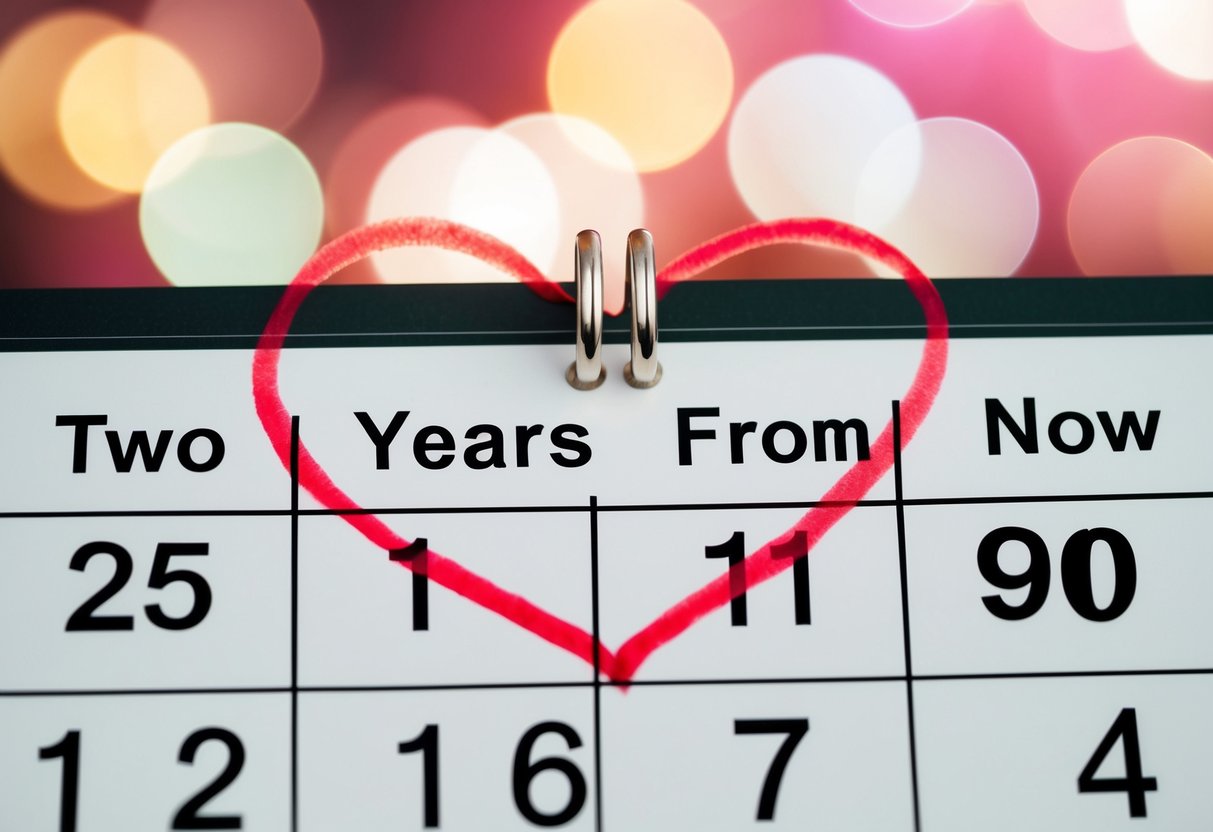 A calendar with a ring and heart drawn around the date two years from now