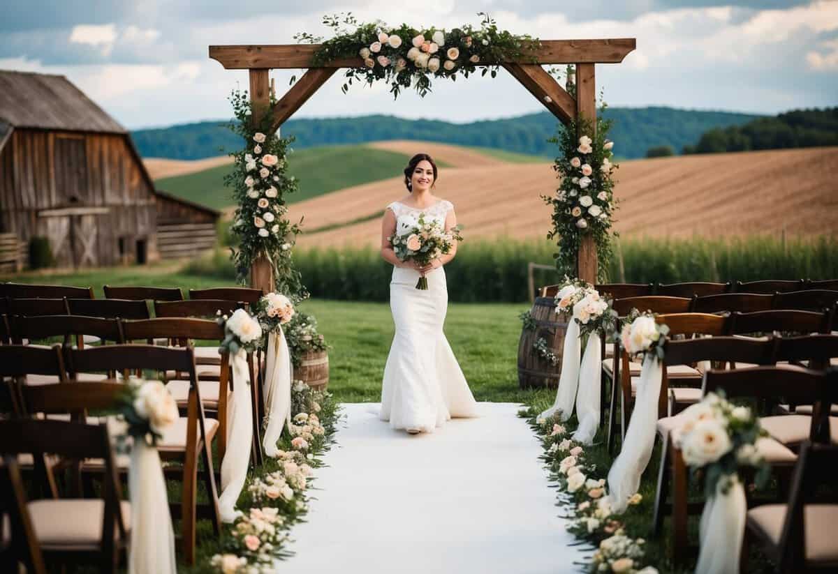 A bride walks down a flower-lined aisle under a wooden arch, surrounded by rolling hills and a rustic barn, as a folk melody fills the air