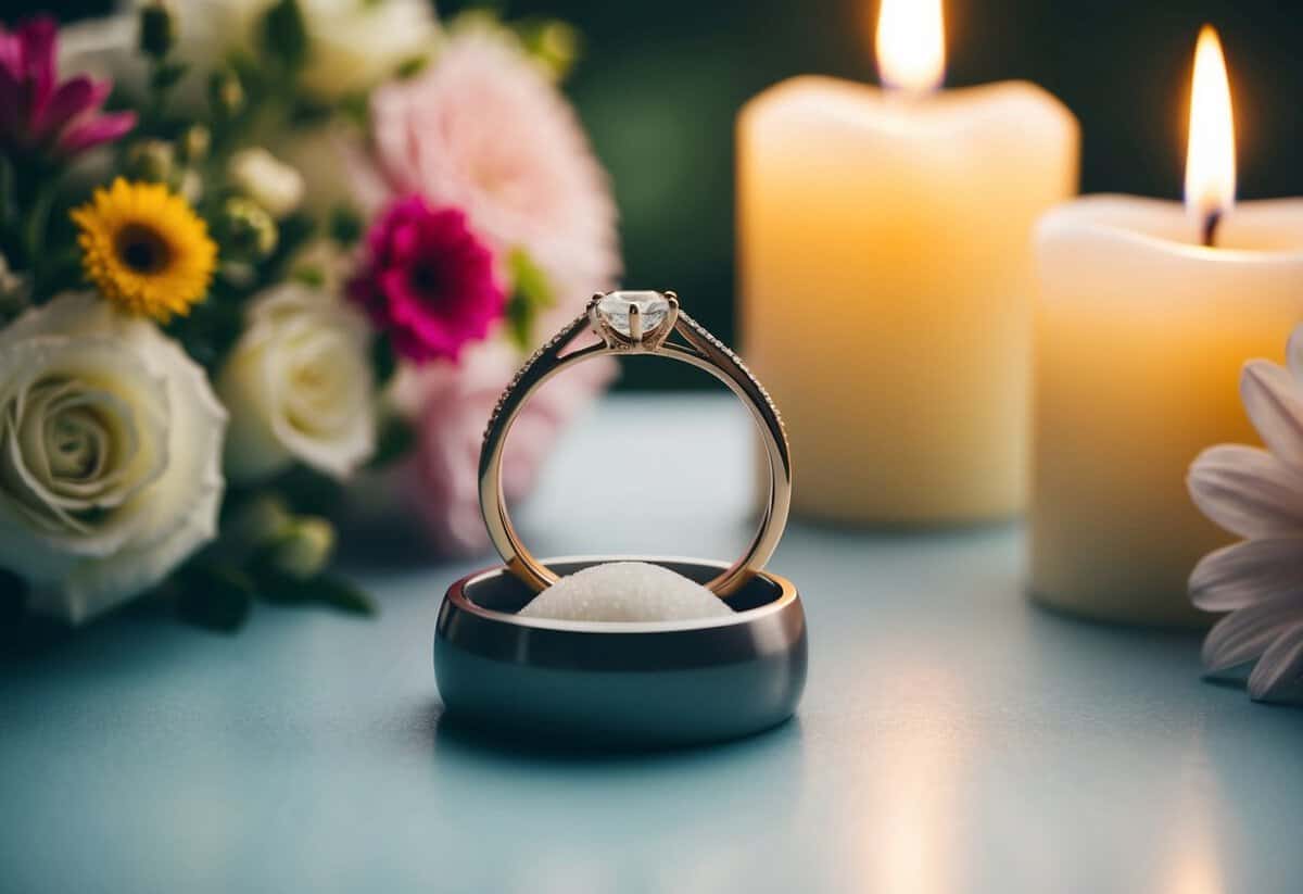 A wedding ring placed on a solid surface, surrounded by flowers and candles, symbolizing the commitment and longevity of marriage