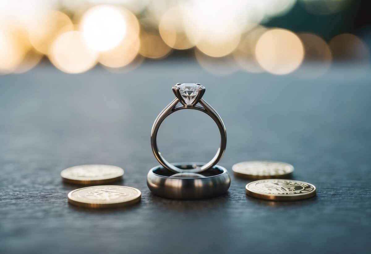 A wedding ring resting on a stable surface, surrounded by symbols of commitment and unity