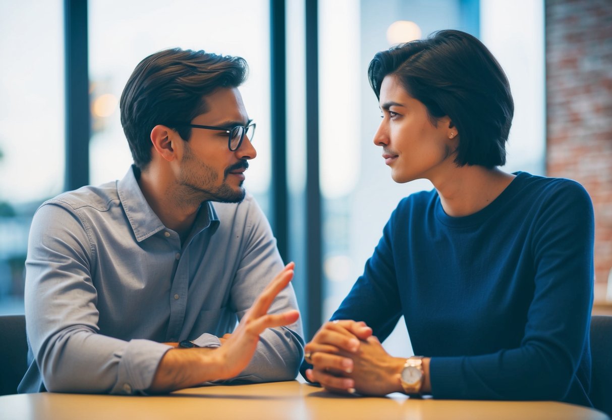 A couple sitting at a table, deep in conversation, with one person gesturing and the other listening intently. A sense of contemplation and shared understanding