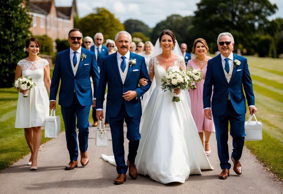The father of the bride travels with a group of close family members and friends, all dressed in formal attire, as they make their way to the wedding venue