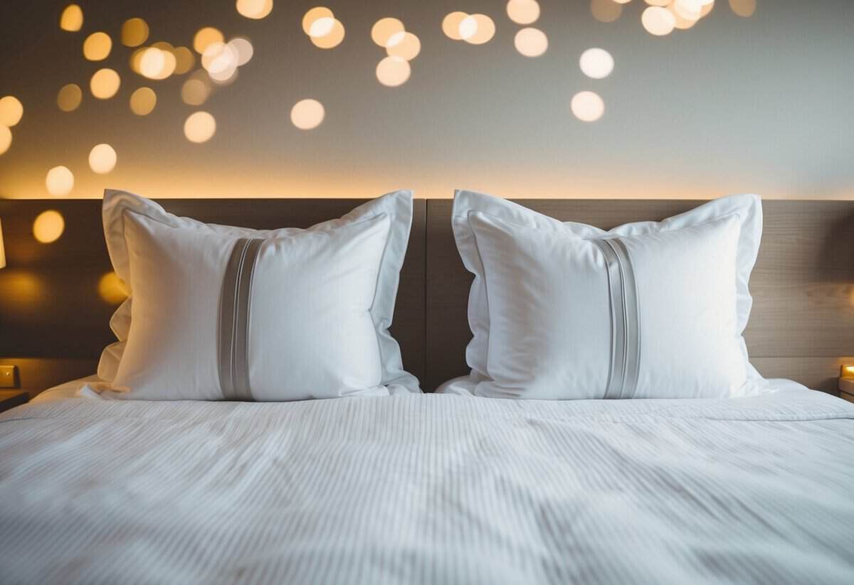 A cozy bedroom with two pillows side by side on the bed, soft lighting, and a romantic atmosphere